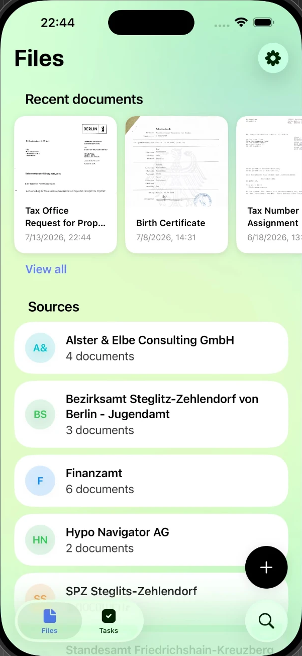 Foldy Files screen: documents stored on your device