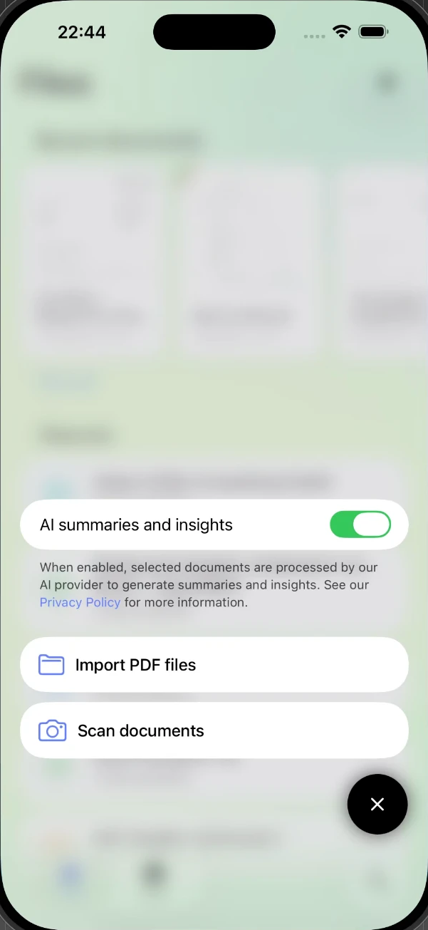 Foldy AI summaries toggle, off until you turn it on